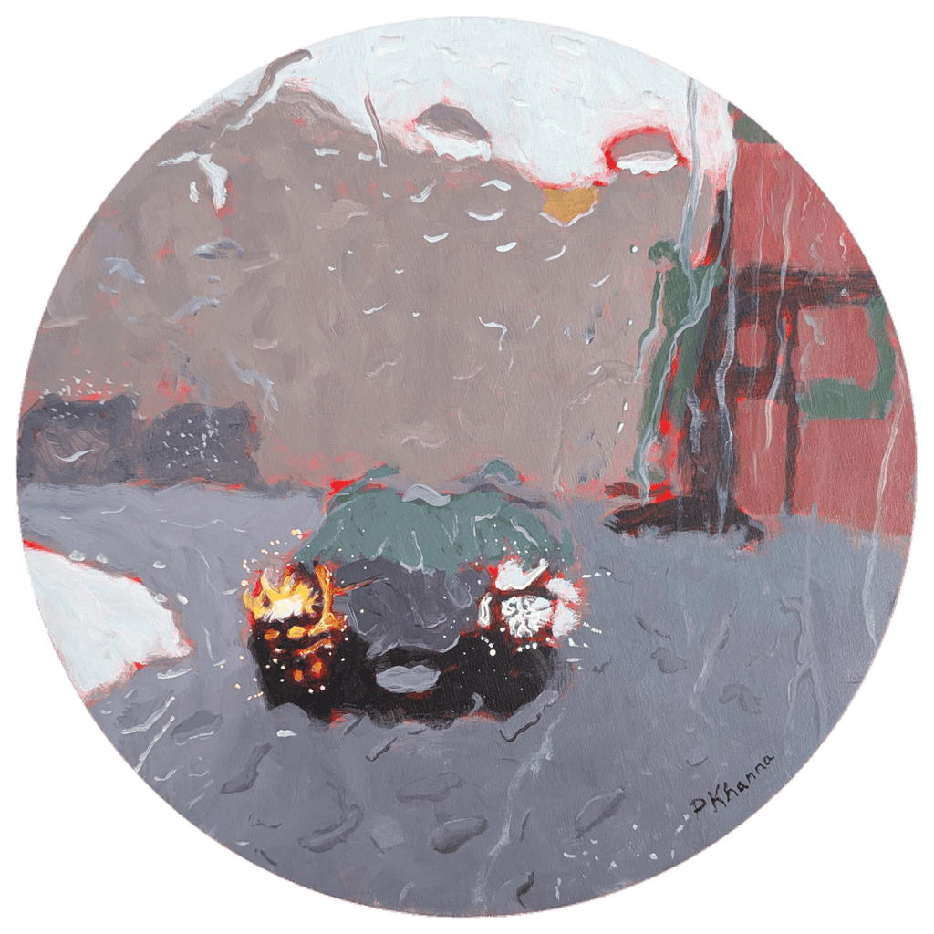 Artistic depiction of a rainy landscape with a vehicle that has bright headlights on.