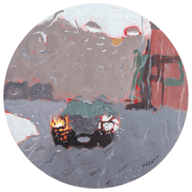 Artistic depiction of a rainy landscape with a vehicle that has bright headlights on.