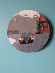 Circular painting of a car on a blue background