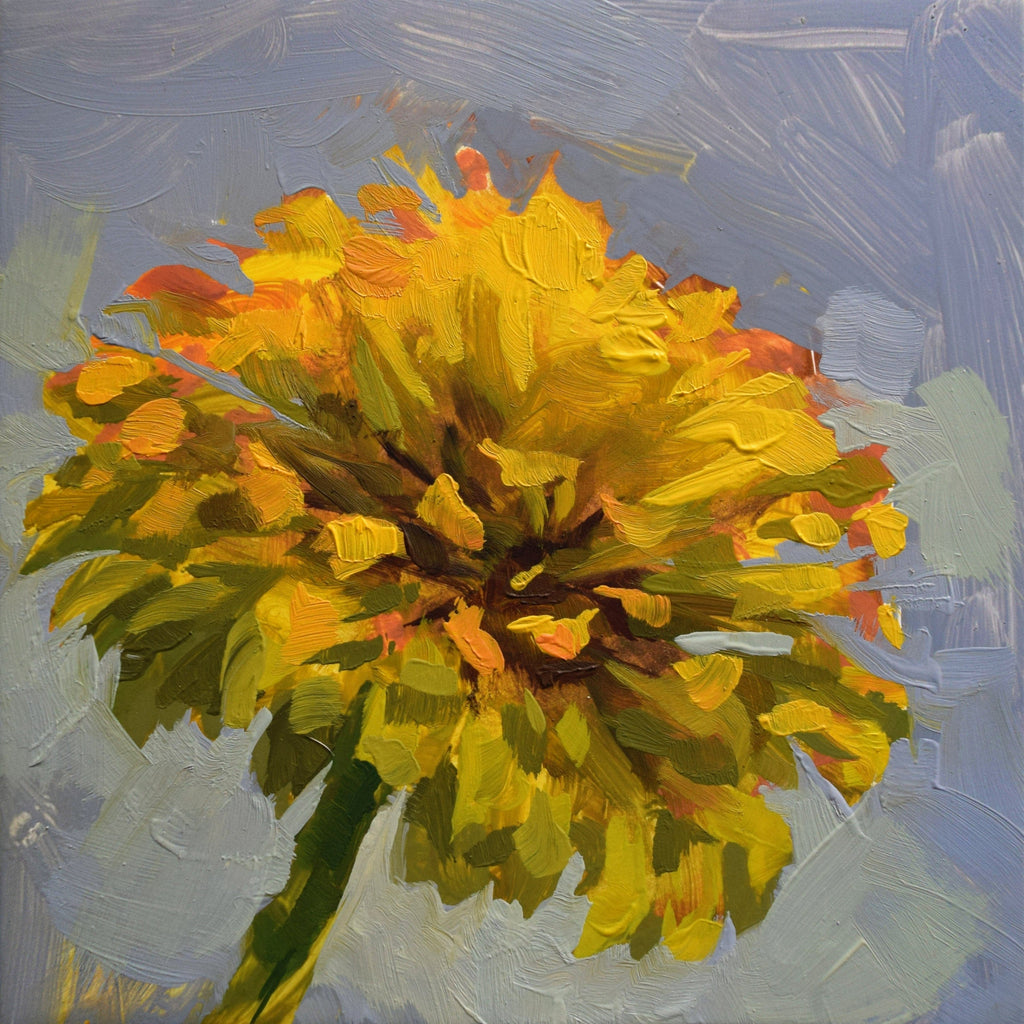 Oil painting of a yellow zinnia flower with a textured background