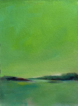 Surreal landscape painting with a green sky and water.