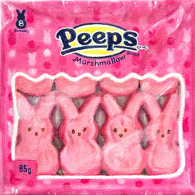 A realistic oil painting of a package of Peeps Marshmallow brand pink bunny-shaped marshmallows, shown in its original pink packaging with the Peeps logo at the top.