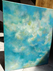 Abstract painting with blue and green hues on a textured surface. Original oil contemporary wall art.