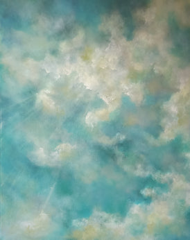 Contemporary original art painting of a cloudy sky in light blue and white tones.