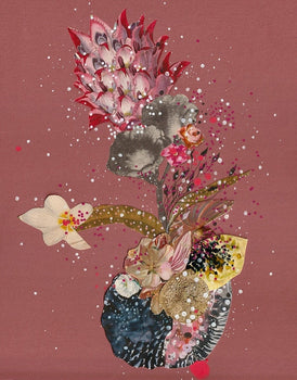 Collage of flowers and nature elements on a rust toned background
