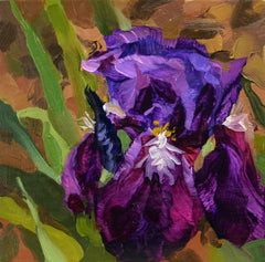 Oil painting of purple flowers with green leaves on a textured brown background