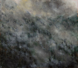 Abstract landscape painting with a textured surface in shades of gray and black.