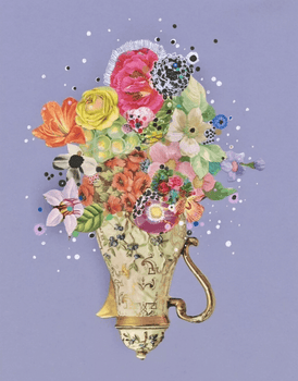 Original contemporary art analog collage of decorative vase with colorful flowers on a purple background