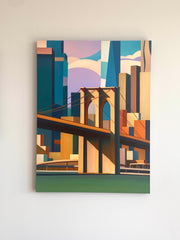 Abstract art original painting of a bridge and cityscape on a plain wall