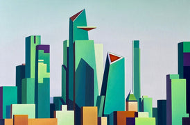 Abstract cityscape with geometric buildings in green and purple on a light blue background