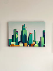 Colorful abstract cityscape painting on a beige wall artist Ji Young Yoon