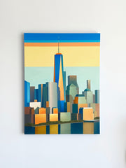 Colorful abstract cityscape original fine art painting on a white background