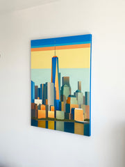 New York Colorful cityscape painting on a white wall. Artwork by Ji Young Yoon
