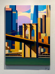 Abstract art of the Brooklyn Bridge New York City and cityscape with geometric shapes on a white wall.