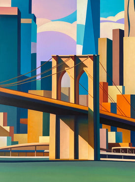 Colorful abstract cityscape original fine art oil painting Brooklyn Bridge New York City