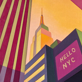 Colorful abstract depiction of a cityscape with 'HELLO NYC' sign