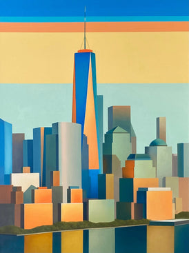 Colorful New York cityscape with a tall building in the center against a blue sky. Original art abstract painting