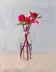 Still life oil painting with clear glass bottle with pink flowers on a light gray background