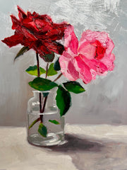 Oil painting of a red and pink flower in a clear vase on a textured surface.