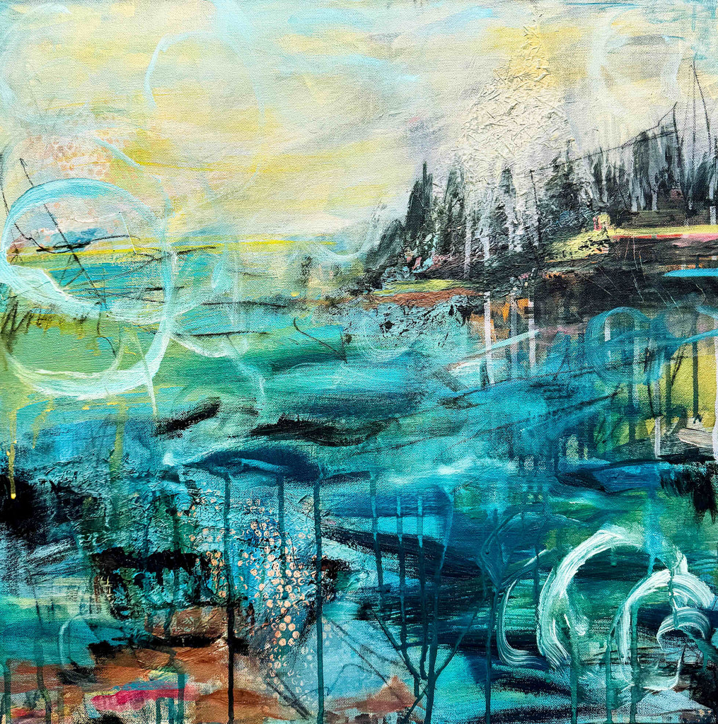 Abstract artwork with a mix of blue, green, and yellow colors.