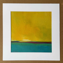 Abstract art original painting with a yellow and blue gradient with a white mat.