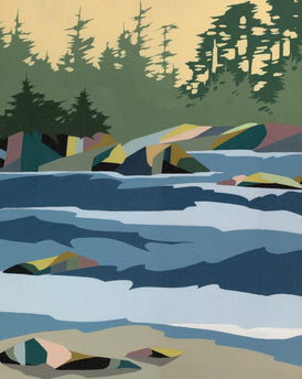 Colorful landscape with trees, rocks, and water. Original art, contemporary painting