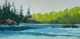 Contemporary fine art original painting west coast landscape of a forested area with a lake and colorful tents.