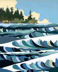 Original painting contemporary art west coast landscape of wavy water with trees in the background