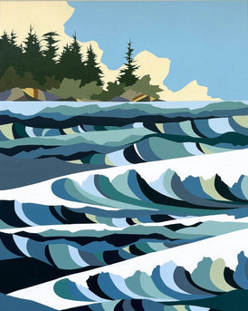 Original painting contemporary art west coast landscape of wavy water with trees in the background