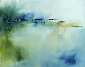 Abstract landscape painting with soft brushstrokes in blue, green, white, and touches of yellow, depicting a misty coastal or forest scene.