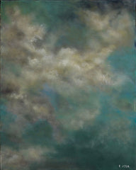 Abstract painting with soft, blended colors in blue and beige. Skyscape contemporary art.