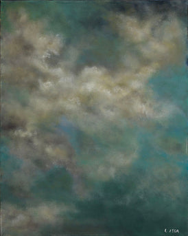 Abstract painting with soft, blended colors in blue and beige. Skyscape contemporary art.