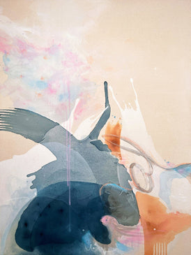Abstract mixed media painting with colorful splashes on a beige background