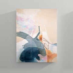Mixed media abstract artwork with colorful shapes on a gray background