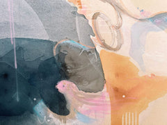 Mixed media abstract painting with soft pastel colors and flowing shapes