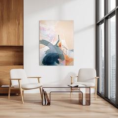 Modern living room with original abstract art on canvas, chairs, and a glass coffee table.