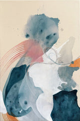 Abstract art original painting with watercolor textures in blue, pink, and orange on a beige background