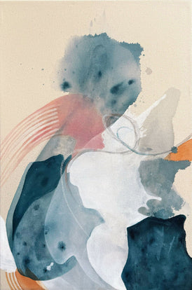 Abstract art original painting with watercolor textures in blue, pink, and orange on a beige background