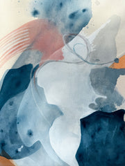 Abstract art original painting with fluid shapes in blue, white, and pink on a beige background