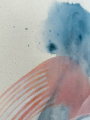 Abstract art on canvas with blue and pink brush strokes on a textured beige background
