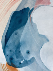 Abstract art with blue, white, and orange shapes on a textured background