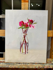 Painting of a glass bottle with flowers on a textured surface