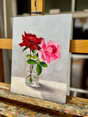 Painting of two roses in a glass vase on a linen panel. Original contemporary art.