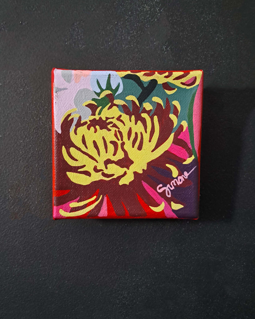 Colorful floral painting on a square canvas with 'Simone' signature, against a black background