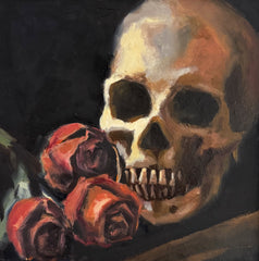 Painting of a skull and roses on a dark background