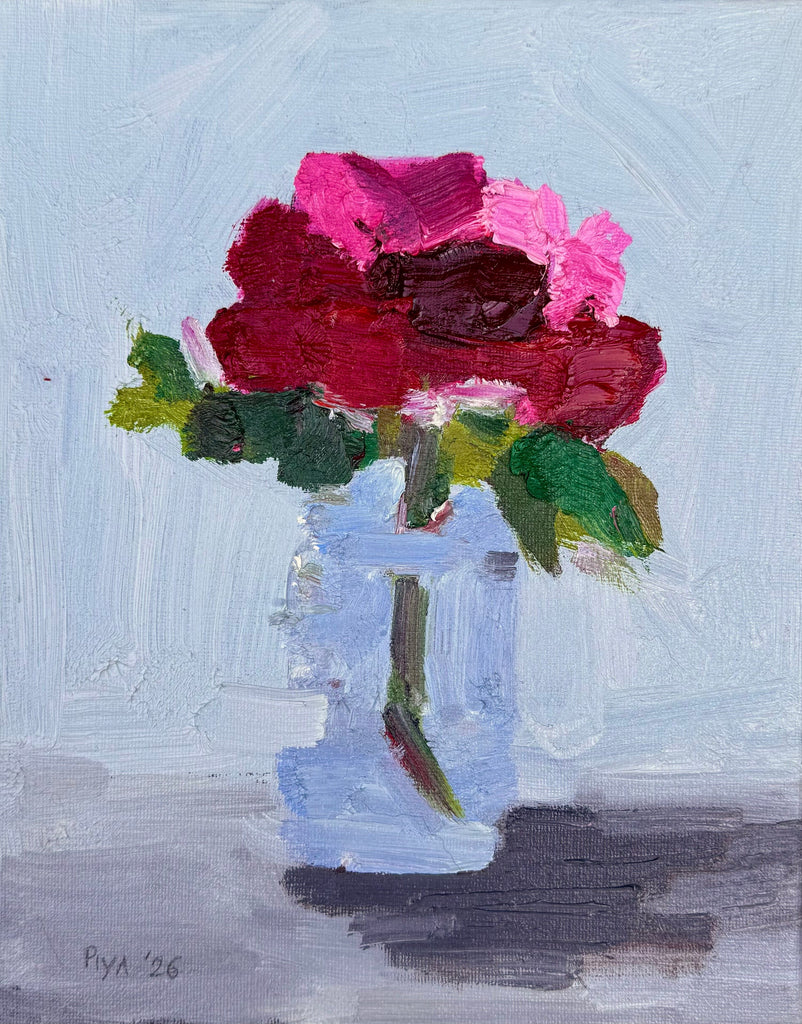 Original floral oil painting still life anemone pink, red and burgundy in a vase.