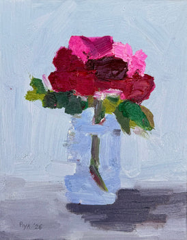 Original floral oil painting still life anemone pink, red and burgundy in a vase.