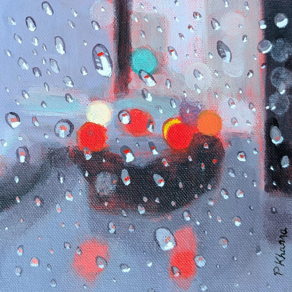 Original painting of a car seen through raindrops. Cityscape artwork acrylic on canvas.