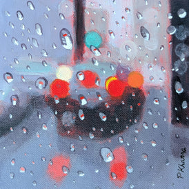 Original painting of a car seen through raindrops. Cityscape artwork acrylic on canvas.