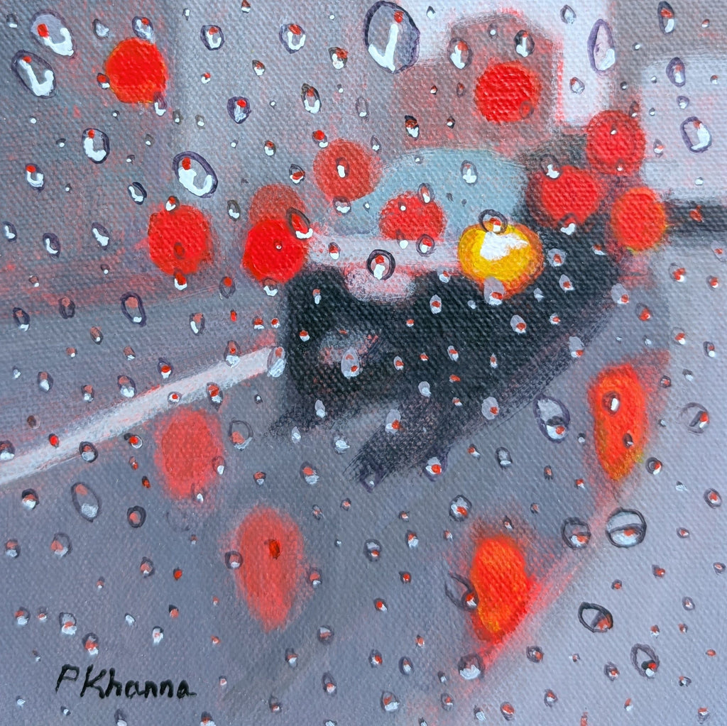 Original painting by Poonam Khanna of a car through raindrops on a window with red taillights.